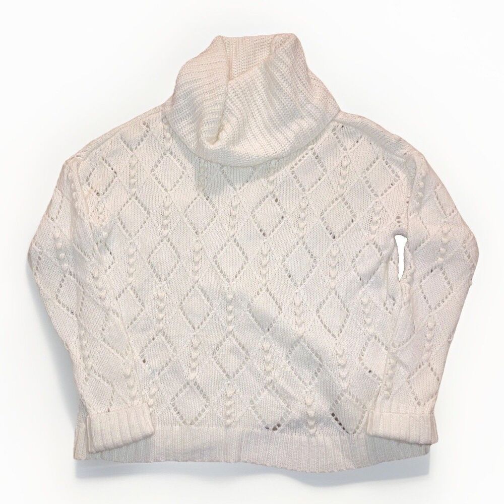 Womens Small White Cowl Turtleneck Popcorn Oversized Long Sleeve Knit Sweater